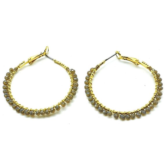 Unbranded Jewelry - Beaded Hoop Earrings Gold Tone Grey Acrylic Faceted Beads Boho Festival Party